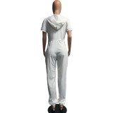 SC Plus Size Solid Hooded Zipper Short Sleeve Jumpsuit WAF-7186