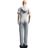 SC Plus Size Solid Hooded Zipper Short Sleeve Jumpsuit WAF-7186