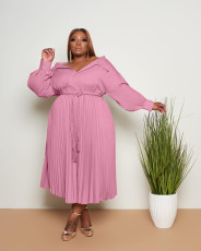 SC Plus Size Solid Long Sleeve Pleated Sashes Maxi Dress JRF-3659