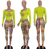 SC Sexy Crop Top+Mesh Printed Pants 2 Piece Sets GEYF-68523