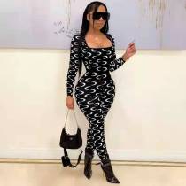 SC Crescent Moon Print Long Sleeve Casual Jumpsuit FST-8016