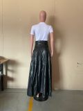 SC Plus Size PU Leather High Waist Big Swing Belted Maxi Skirt OD-8339-1