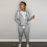 SC Solid Plush Hooded Zipper Coat And Pants 2 Piece Sets CH-8198