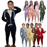 SC Solid Plush Hooded Zipper Coat And Pants 2 Piece Sets CH-8198