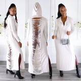 SC Solid Hooded Long Sleeve Split Hollow Out Maxi Dress YNB-7234
