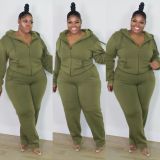 SC Plus Size Solid Hooded Zipper Coat And Pants 2 Piece Sets CQ-150