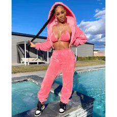 SC Solid Fluff Hooded Zipper Coat+Bra Top+Pants 3 Piece Sets IV-8264