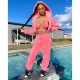 SC Solid Fluff Hooded Zipper Coat+Bra Top+Pants 3 Piece Sets IV-8264
