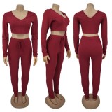 SC Plus Size Solid Ribbed Long Sleeve 2 Piece Pants Set HNIF-060