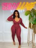 SC Solid Ribbed Long Sleeve Sashes Jumpsuit ZDF-31171