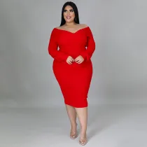 SC Plus Size Solid V Neck Long Sleeve Midi Dress NNWF-7371