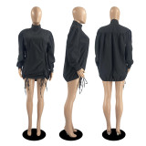 SC Solid Drawstring Long Sleeve Casual Loose Mini Dress DDF-88136