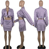SC Plus Size Houndstooth Long Sleeve Mini Skirt 2 Piece Sets YFS-10019