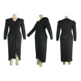 SC Plus Size Solid V Neck Long Sleeve Maxi Dress WAF-77297