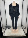 SC Plus Size Solid Velvet Hooded Zipper Coat +Tube Top+Pants 3 Piece Sets ZNF-9111