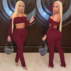 SC Sexy Off Shoulder Long Sleeve Stacked Pants 2 Piece Sets FOSF-8107