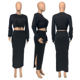 SC Solid Long Sleeve Crop Top Split Long Skirt 2 Piece Sets GLF-10063