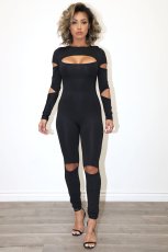 SC Sexy Solid Hollow Out Long Sleeve Zipper Slim Jumpsuit DFNA-5238