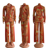 SC Retro Print Shirt Top And Pants Two Piece Sets CY-6529