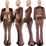 SC Velvet Strappy Crop Top Flared Pants 2 Piece Sets ANNF-6102