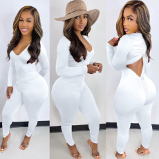SC Solid V Neck Backless Drawstring Long Sleeve Jumpsuit BGN-212