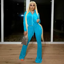 SC Velvet Hot Drilling Hooded Zipper 2 Piece Pants Set LSD-81062
