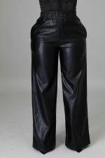 SC Black PU Leather Pocket Wide Leg Pants BGN-211