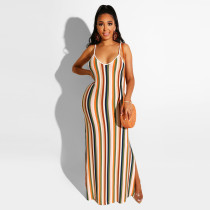 Sexy Striped Print Spaghetti Strap Maxi Dress FSXF-95