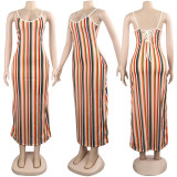 Sexy Striped Print Spaghetti Strap Maxi Dress FSXF-95