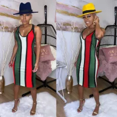 Sleeveless Color Striped Slim Dress FSXF-55