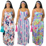 SC Floral Print Spaghetti Strap Maxi Dress (With Headscarf) XMY-9306