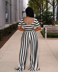SC Plus Size Striped Short Sleeve Wide Leg Pants 2 Piece Sets XMY-9310