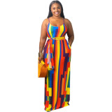 SC Plus Size Printed Spaghetti Strap Loose Maxi Dress XMY-9317