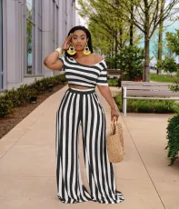 SC Plus Size Striped Short Sleeve Wide Leg Pants 2 Piece Sets XMY-9310