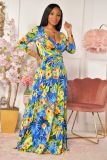 SC Plus Size Printed V Neck 3/4 Sleeve Sashes Maxi Dress XMY-9316