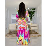 SC Plus Size Printed V Neck 3/4 Sleeve Sashes Maxi Dress XMY-9316