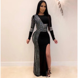 SC Plus Size Sexy Hot Rhinestone Round Neck Split Long Sleeve Nightclub Dress NY-8882