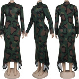 SC Print Irregular Hem Slim Long Sleeve Maxi Dress NY-8862