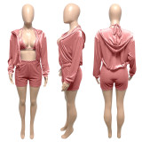 Velvet Hooded Zipper Coat+Bra Top+Shorts 3 Piece Sets ME-S976