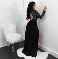 SC Sexy Backless Sequined See-through Lace Split Long Dress NY-8873