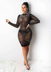 SC Sexy Hot Rhinestone See-through Long Sleeve Club Dress NY-8865