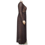 SC Plus Size Mesh Printed Long Sleeve Maxi Dress NNWF-7333