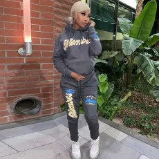 SC Letter Print Fleeced Hoodie And Pants 2 Piece Sets SH-390232