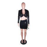 SC PU Leather Short Coat+Halter Bra+Mini Skirt 3 Piece Sets BS-1294