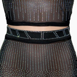 SC Sexy Hot Drilling Long Sleeve Maxi Skirt 2 Piece Sets SH-390227