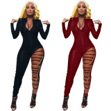 SC Sexy Zipper Ripped Hole Chain Slim Fit Jumpsuits NY-2040