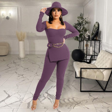 SC Solid Long Sleeve Split Top And Pants 2 Piece Sets GLF-10071