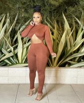 SC Solid Sexy Crop Top And Pants Slim Two Piece Sets HMS-5519