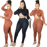 SC Solid Sexy Crop Top And Pants Slim Two Piece Sets HMS-5519