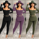 SC Solid Long Sleeve Split Top And Pants 2 Piece Sets GLF-10071